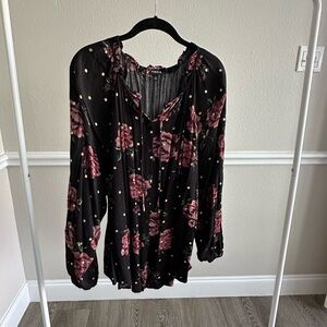 Torrid Size 3 (22/24) Black and Pink Floral Smocked Blouse With Gold Polka Dots